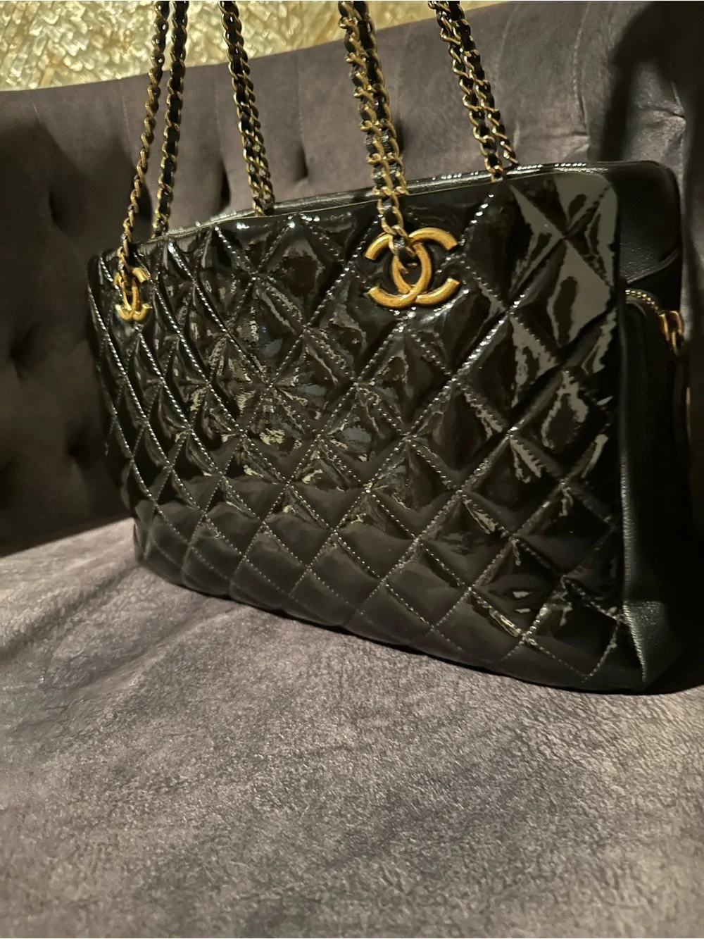 CHANEL Salzburg Quilted Patent Leather Shoulder Bag with Gold Chain Hardware